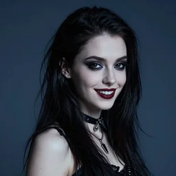 a studio professional portrait of a young pale goth girl, femme fatale, gorgeous face, slender body, beautiful facial expressions, friendly, cheerful, chiaroscuro, dark moody lighting, blue hour, sharp focus, intricate digital art, hyperrealist, detailed, artgem, trending on artstation, fan art, by boris vallejo