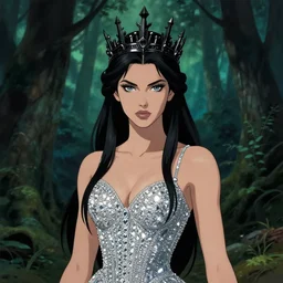 portrait sylph princess, black iron crown, diamond shimmering dress, strong line, deep color, forest, beautiful! coherent! by boris vallejo, by brom
