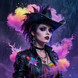 splashes of neon clouds, mowhawk, punk women portrait made out of paint with rain in the background, trending on artstation, epic composition, emotional, beautiful, rendered in octane, highly detailed, realistic, tim burton comic book art, sharp focus, matte painting, unreal engine