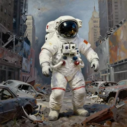 rembrandt oil painting style!!! american white spacesuit chubby astronaut in giant postapocalyptic abandoned destroyed times square, wrecked buildings, destroyed flipped wrecked cars