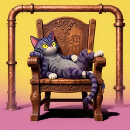 cyber punk cat character laying, wood carved chair, super powers, concept art, by greg rutkowski, old copper pipes, complementing colors