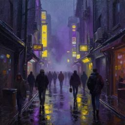 oil painting of narrow dirty cyberpunk street in rainy night, crowd!!!, purple yellow neons, heave foggy, scifi, wet winter, low angle shot, water reflect, lush detail, cinematic lighting, sharp focus, hyperrealism, volumetric light, by sebastian luca on artstation. 4 k, concept art.