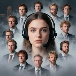 face portrait of a headset wearing telemarketer appearing out of misty steam, Alena Aenami, Petros Afshar, Noah Bradley, Anton Fadeev, Anato Finnstark, Steve Henderson, Filip Hodas, Mark Keathley, Thomas Kinkade, Phil Koch, Gilbert Williams, Mike Winkelmann, Beeple