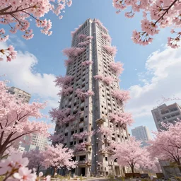 cherry blossoms wrapping around a tall sky rise building in an abandoned city, digital art highly detailed, award winning