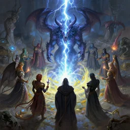 mages in circle summoning an evil beast. lighting, flux, demons, abominations, clothes. fantasy, digital painting, hd, highly detailed.