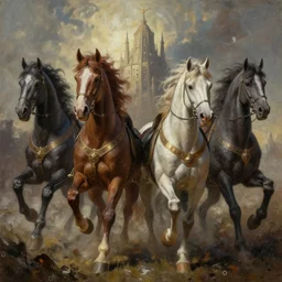 the four horsemen of the apocalypse, digital painting, mixed media, trending on artstation and deviantart, epic composition, magnum opus, highly detailed, 8 k