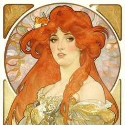 a woman with red hair, comic art by alphonse mucha