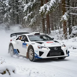 a 2 0 1 1 lexus lfa, racing through a rally stage in a snowy forest