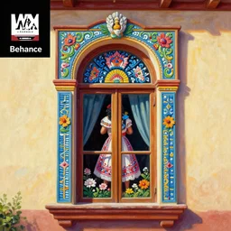 a painting beautiful decorated window, art print, a ultrafine detailed painting by wix, mexican folklore, behance contest winner, native art, trend in behance hd, 2 d game art, detailed painting