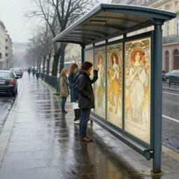 bus stop on a rainy day, path traced, highly detailed, high quality, digital painting, alena aenami, lilia alvarado, shinji aramaki, karol bak, alphonse mucha, tom bagshaw