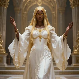 Full portrait of Cleric Lady, pearl white robes with golden details, beautiful, dark brown skin, supernatural golden eyes, golden straight hair, bracelets, floating, spellcasting, in a beautiful temple altar background, highly detaile, detailed face high fantasy, digital illustration, by Krenz Cushart and Artem Demura and alphonse mucha, artstation, HD, 4K, midjourney