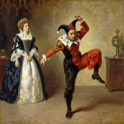 a court jester break dancing while the queen watches in confusion and dismay. 85mm Ilya Repin, WLOP