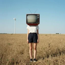 woman with a schaub television face standing in antennas field, surreal photography