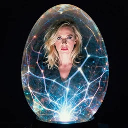 annie liebowitz portrait of a plasma energy tron glass egg, made up of glowing electric polygons. cinestill