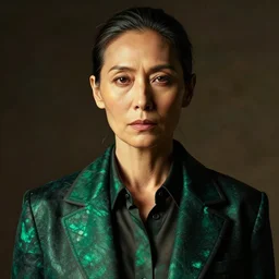 extremely detailed portrait in powerful femininity, intensity, maturity, realistic face sculpted features, clear eyes, statuesque model, eclectic fashion, structure jacket with collared shirt, sense of tension, warm glow, supple, bathed in light, chiaroscuro, angular impressionism, radiant, deep rich tones, obsidian opal emerald color palette, sharp focus, contemporary digital art