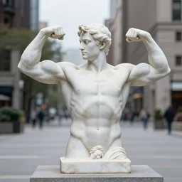 “ a marble statue of billy herrington flexing a muscle pose in a city square ”