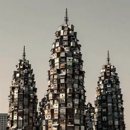 giant towers made up of makeshift squatter shacks, mamiya, uniform plain sky, fine details, minimalist, photographed by trent parke