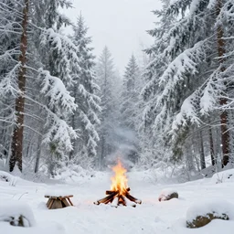 winter wonderland, fantasy, white color pallet, campfire, forest trees covered in snow, small details, high resolution, extremely detailed, by bob ross, falling snow, trending on artstation, 8 k