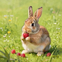 a beautiful painting of a cute rabbit eating raspberries on a sunny meadow during midday, stunningly beautiful, trending on artstation, by john atkinson grimshaw