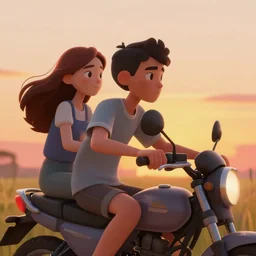 boy and girl driving moto, sunset, inspired by greg rutkowski, android jones, beeple, rhads, shaun tan, frostbite 3 rendered