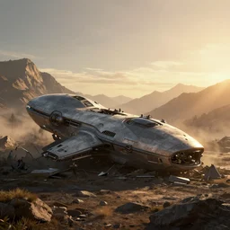 wrecked alien spaceship on the ground crashed in the mountains, sci-fi Hollywood concept art, golden hour