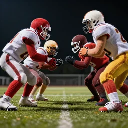 low angle shot of football players about to collide, dramatic lighting, shallow depth of field, football players are made of yarn