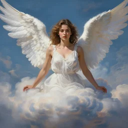 a photo of a beautiful alluring female angel in the clouds, detailed, centered, digital painting, artstation, concept art, donato giancola, Joseph Christian Leyendecker, WLOP, Boris Vallejo, Annie Leibovitz and Steve McCurry, David Lazar, Jimmy Nelsson, Breathtaking, 8k resolution, extremely detailed, beautiful, establishing shot, artistic, hyperrealistic, beautiful face, octane render