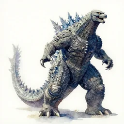 voltron fighting Godzilla, watercolor painting