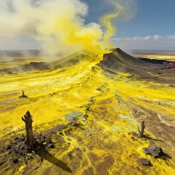 the dallol volcano in the danakil desert of ethiopia, a surreal landscape with bright and garish yellow colors, by ghibli and atey ghailan, a neon graveyard, mist, fog