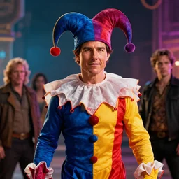a cinematic shot of Tom Cruise wearing jester costume, colorful, octane render, volumetric lighting, nvidia raytracing demo, by Andy Thomas, Mario Martinez, Daniel Mirante, Gustave Dore, Artstation, CGsociety, masterpiece