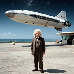 Albert Einstein standing under starship at starbase boca chica By Roger Deakins
