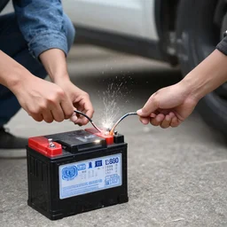 a car battery hits a person with electricity.