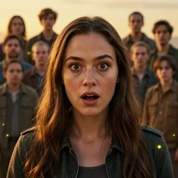 big-eyed surprised Quorra, played by Olivia Wilde staring intensely into the camera, sundown golden hour firefly wisps, Lilia Alvarado, Sophie Anderson, Mark Arian, Bob Byerley, Charlie Bowater, Mark Brooks, Steve Henderson, Justin Gerard, Arthur Hughes, Edward Robert Hughes, Mark Keathley, Victor Nizovtsev, Carlos Shwabe, Ross Tran, WLOP