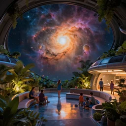 spaceship viewing deck, beautiful nebulas, dramatic warm and cold lighting. by elysium and airbus, families enjoying themselves, lush plants, architectural photography, 8 k, realistic lighting, reflections, bloom, hyperdetailed environment, pbr materials.