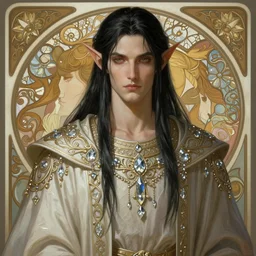 androgynous male elf from shannara, long black hair, robes and shawl, filigree, crystal jewelry, d & d, fantasy, intricate, elegant, highly detailed, digital painting, artstation, concept art, matte, sharp focus, illustration, hearthstone, art by bouguereau and artgerm and greg rutkowski and alphonse mucha