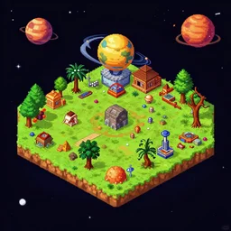 isometric view of the whole of a small colony on a alien planet, from a space themed Lucasarts graphic adventure game made in 1999