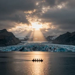 vikings sailing on a glacial lake, war, landscape photography by marc adamus, mountains, sunset, dramatic lighting, glacial lake clouds, beautiful,