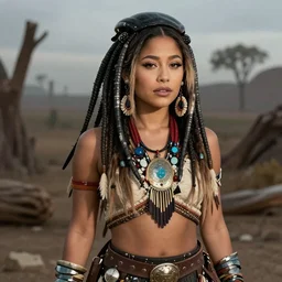 ariana grande as a native american with The Predator behind her, colour, photography, realistic,