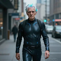full portrait of an elderly orthodox patriarch spy with thin lustrous vibrant electric Cyberpunk hair wearing  a bodysuit walking in a city, reflections, focus, detailed, realistic eyes, symmetric body features proportions, intricate facial skin details, award winning, trending in cgsociety artstation deviant art, octane render, by boris Vallejo and Tom Bagshaw and Beeple