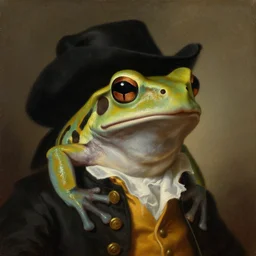 a head and shoulders portrait painting of an anthropomorphic!!!!!!!!!! amazon milk frog!!!!!!!!!! wearing a colonial outfit without a hat looking off camera, a character portrait, classicism, oil on canvas, soft focus