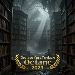 library, gloomy and foggy atmosphere, octane render, rembrandt, cgsociety, artstation trending, horror scene, highly detailded