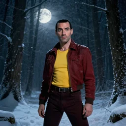 freddie mercury 1 9 7 3. folk horror. realistic. detailed. he is in a forest. full moon. snow.