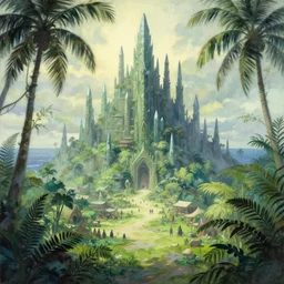 bazaar of the elven megacity of crystals and ferns, located at the tropical coast. gouache by award - winning animation studio, gothic horror, minimalism, impressionism, depth of field, backlighting