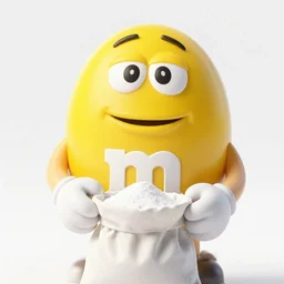 yellow m & m with face holding a bag of white powder in its hands