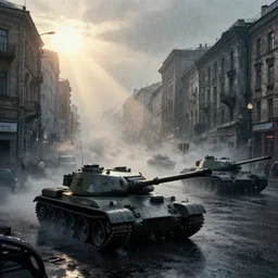 russian tanks destroying khreshchatyk street, a center of kyiv, dark, trending on artstation, digital art, fog, sun flare, rain
