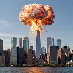 A nuclear explosion over the manhattan skyline, ultrarealistic, trending on art station, octane render, dramatic concept art, 4k, high detail, volumetric lighting