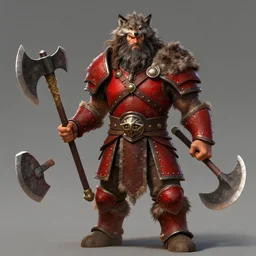 Barbarian Warrior, dual wielding axes, tall, long messy curly hair, long unkempt beard, wolf pelt head, red armor, high fantasy, colorful, raytracing, matte painting, trending in artstation, arstationhq, artstationhd, HD 8k
