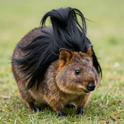 black hair wig on a quokka wearing a black hair wig, long-wig!!!!! animal-wearing-wig!!!!! S 6 2379449105