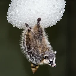 opossum, hanging from a large white crystal