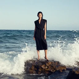 a fashion model standing on a rock near the ocean, waves hitting rock, editorial by annie leibovitz